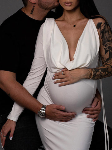 One Sleeve Backless Tie V-neck Bodycon Elegant Evening Photoshoot Gown Baby Shower Maternity Maxi Dress Maternity